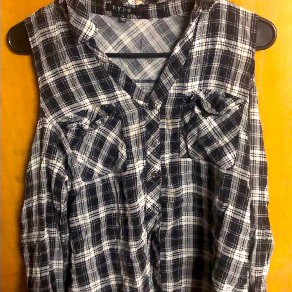Plaid shirt with roses and off the shoulder.
